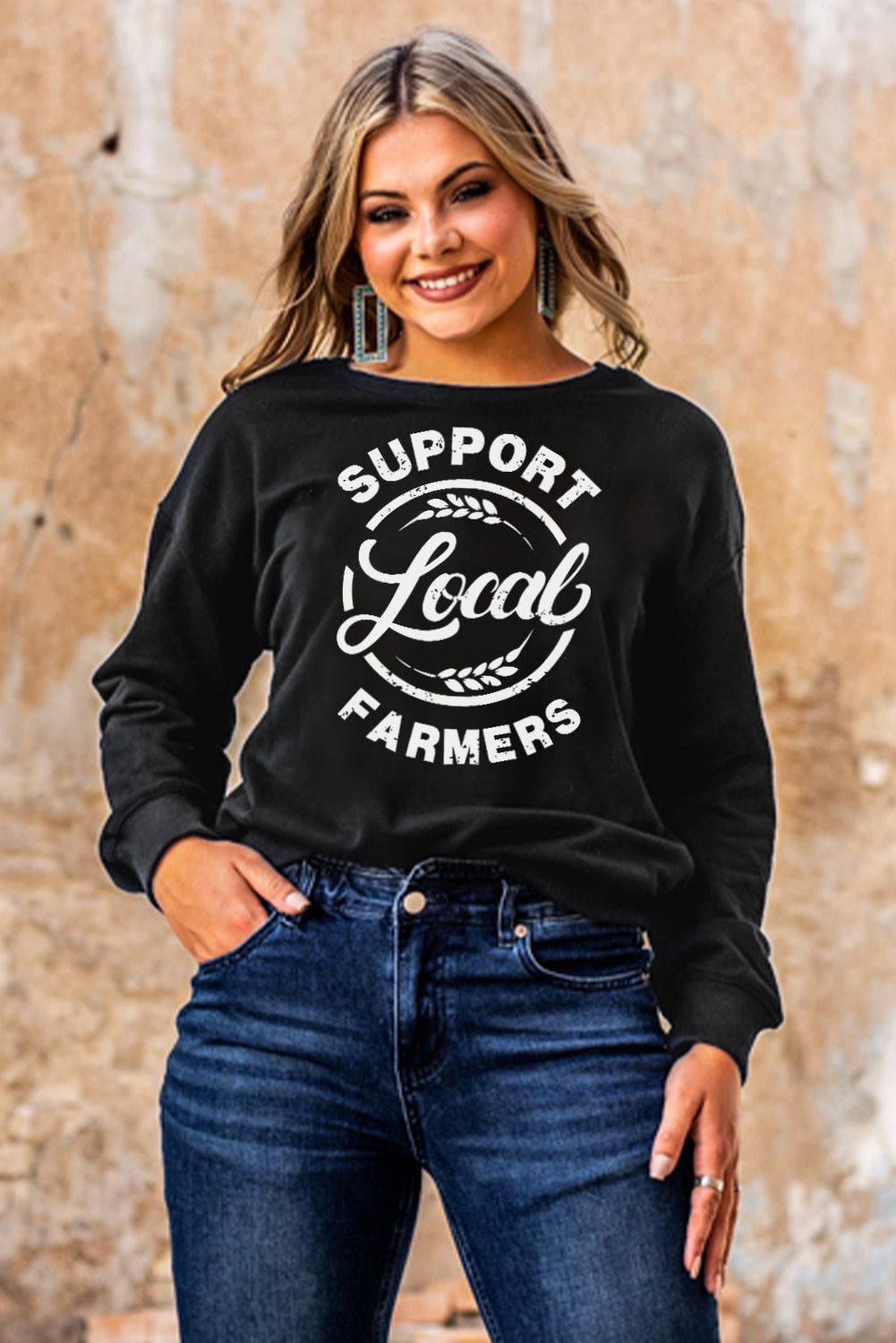 Support Local Farmers Print Long Sleeve Sweatshirt | Black