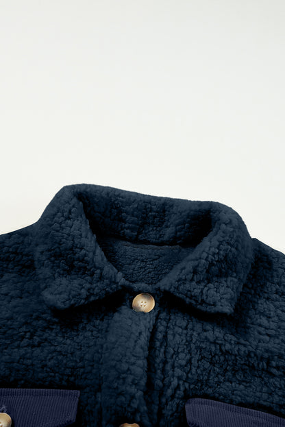 Contrast Flap Pocket Single Breasted Teddy Coat | Blue