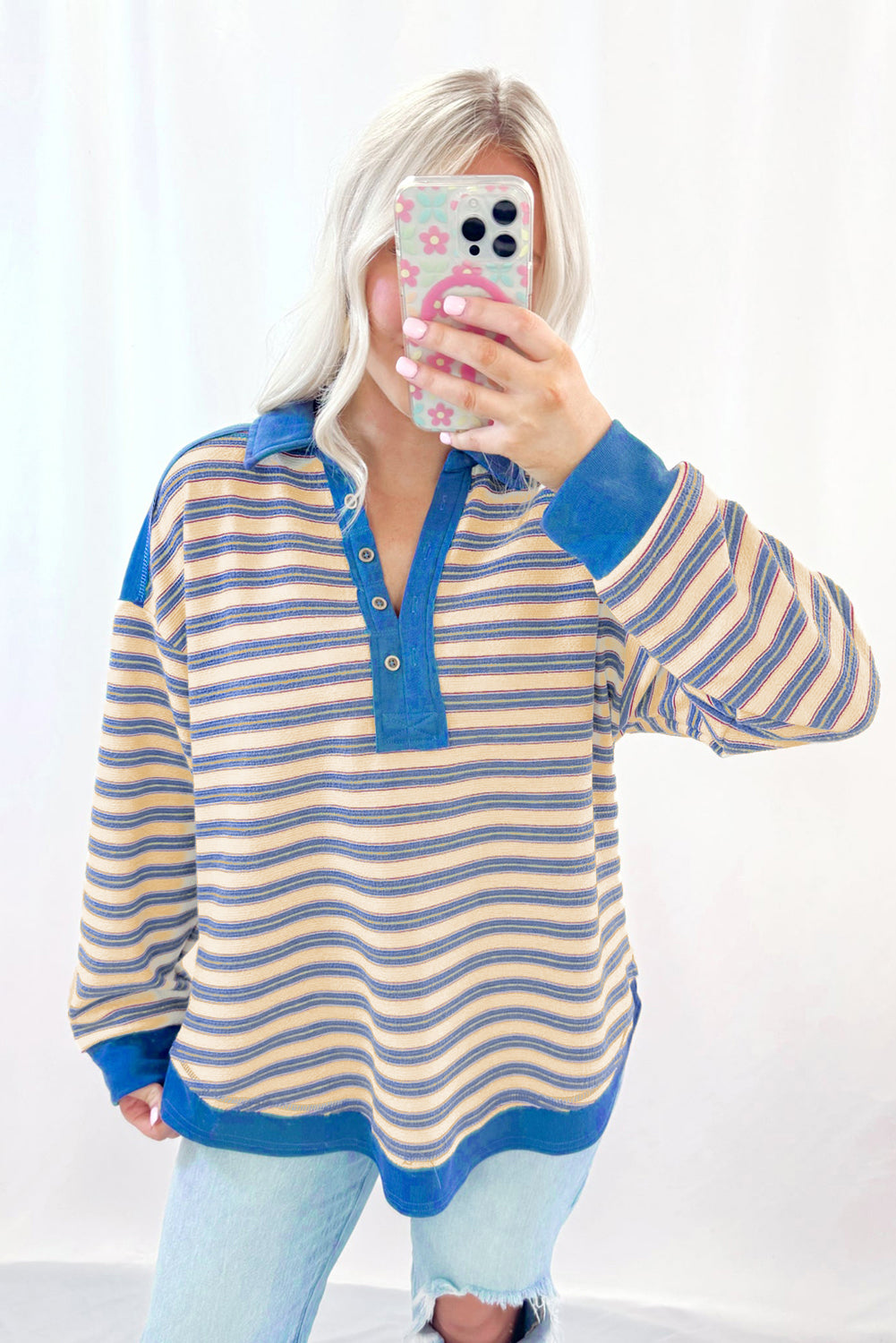 Buttoned V Neck Collared Drop Shoulder Top | Blue Stripe