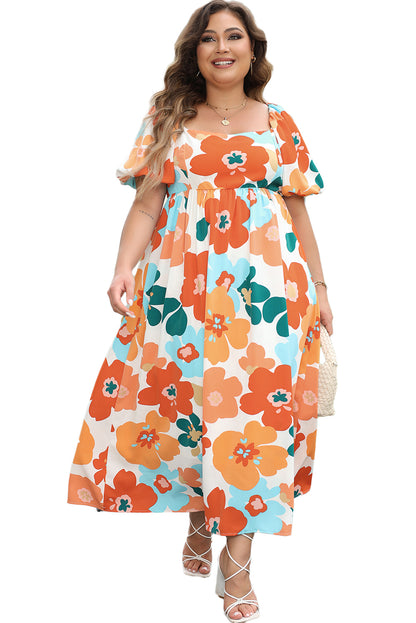 Plus Size Flower Print Shirred Square Neck Maxi Dress | Orange