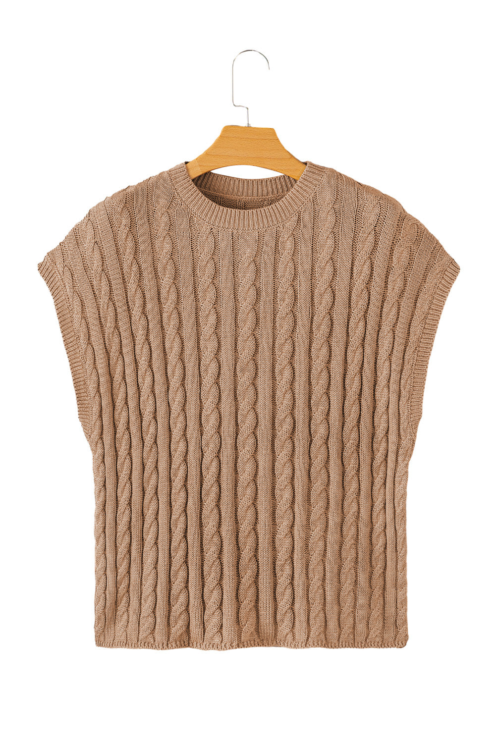 Crew Neck Cable Knit Short Sleeve Sweater | Light French Beige