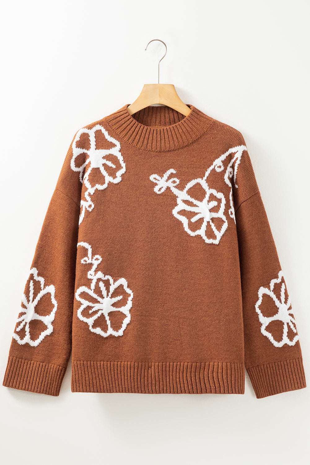 Floral Print Ribbed Trim Knitted Sweater | Chestnut