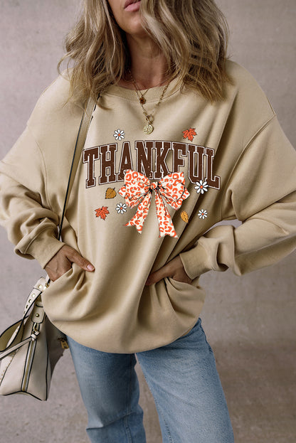 Thankful Leopard Bow Fall Vibe Graphic Sweatshirt | Parchment