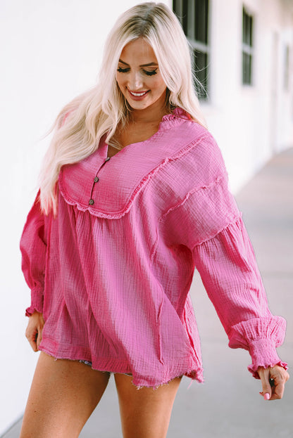 Pink Retro Frilled Seam Crinkle Puff Sleeve Blouse