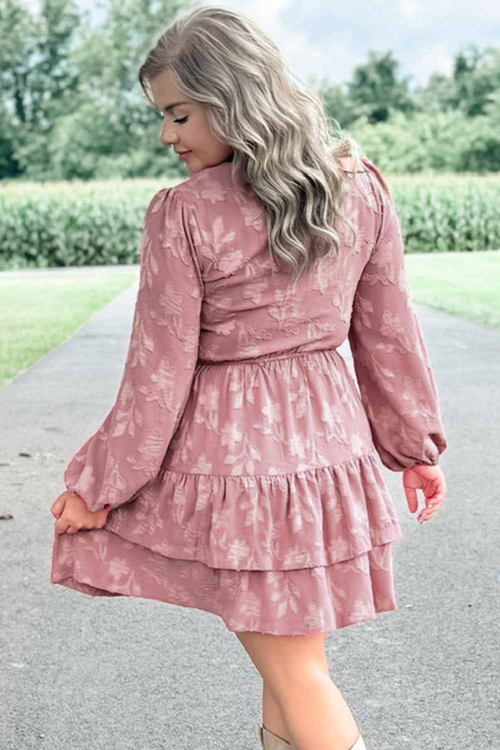 Floral Surplice V Neck Tiered Ruffled Plus Size Dress | Peach Blossom