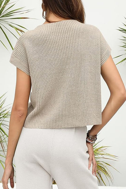 Patch Pocket Short Sleeve Sweater | Pale Khaki