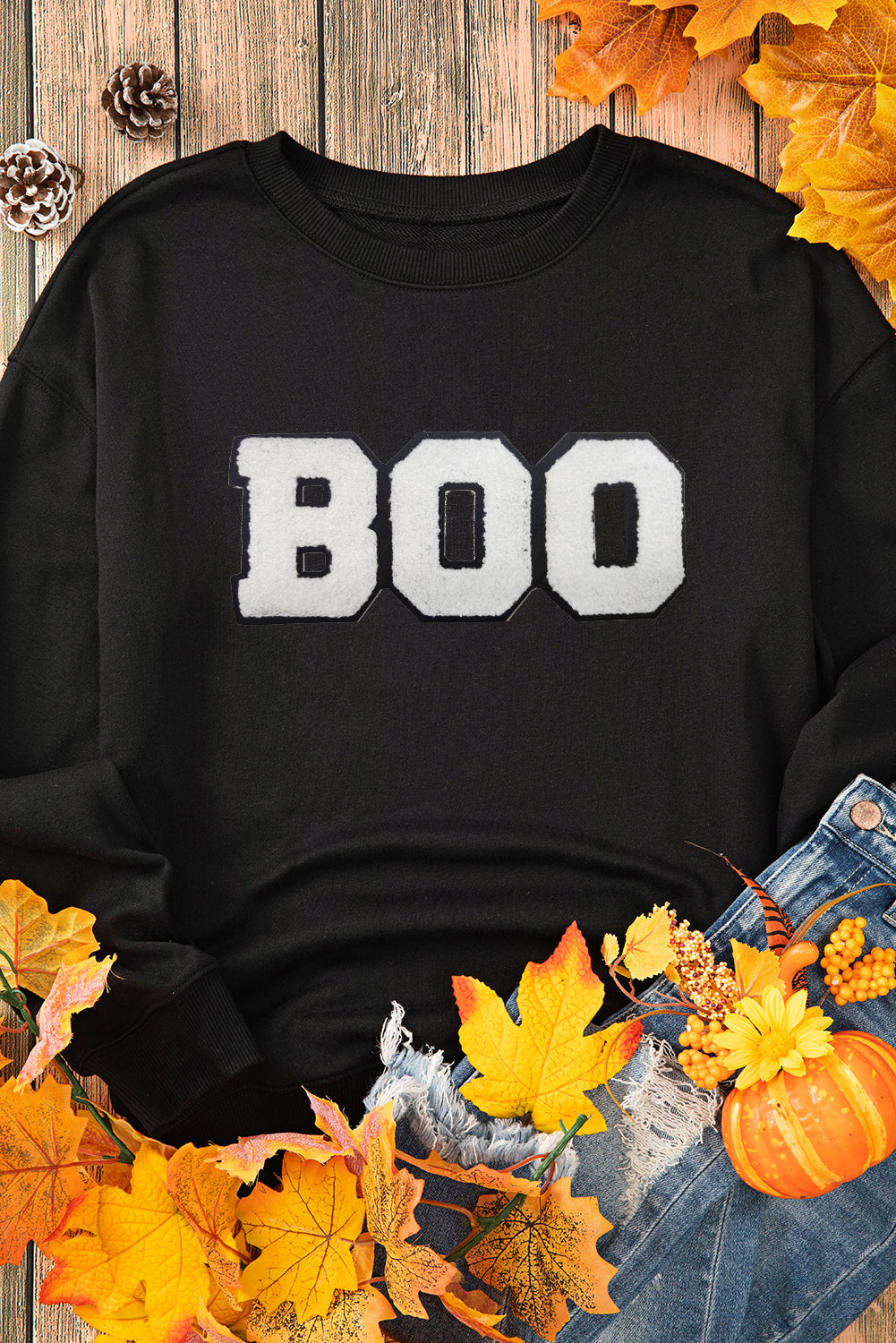 Chenille Boo Patched Pattern Crewneck Halloween Sweatshirt | Black