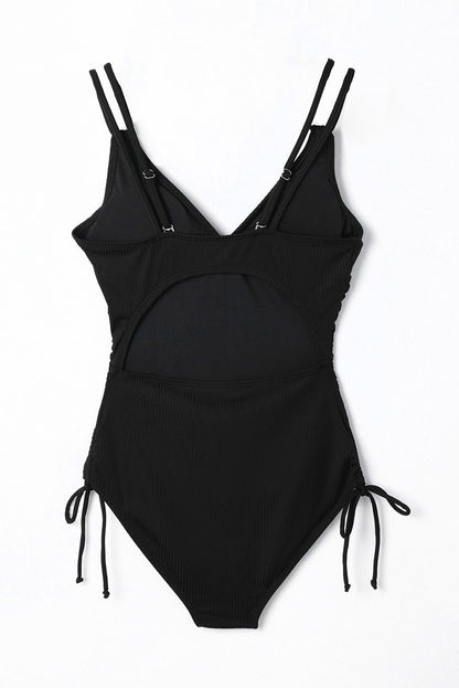 Adjustable Straps Ribbed Knit One Piece Swimsuit | Black