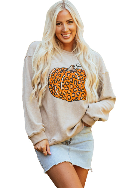 Halloween Leopard Pumpkin Graphic Corded Sweatshirt | Khaki