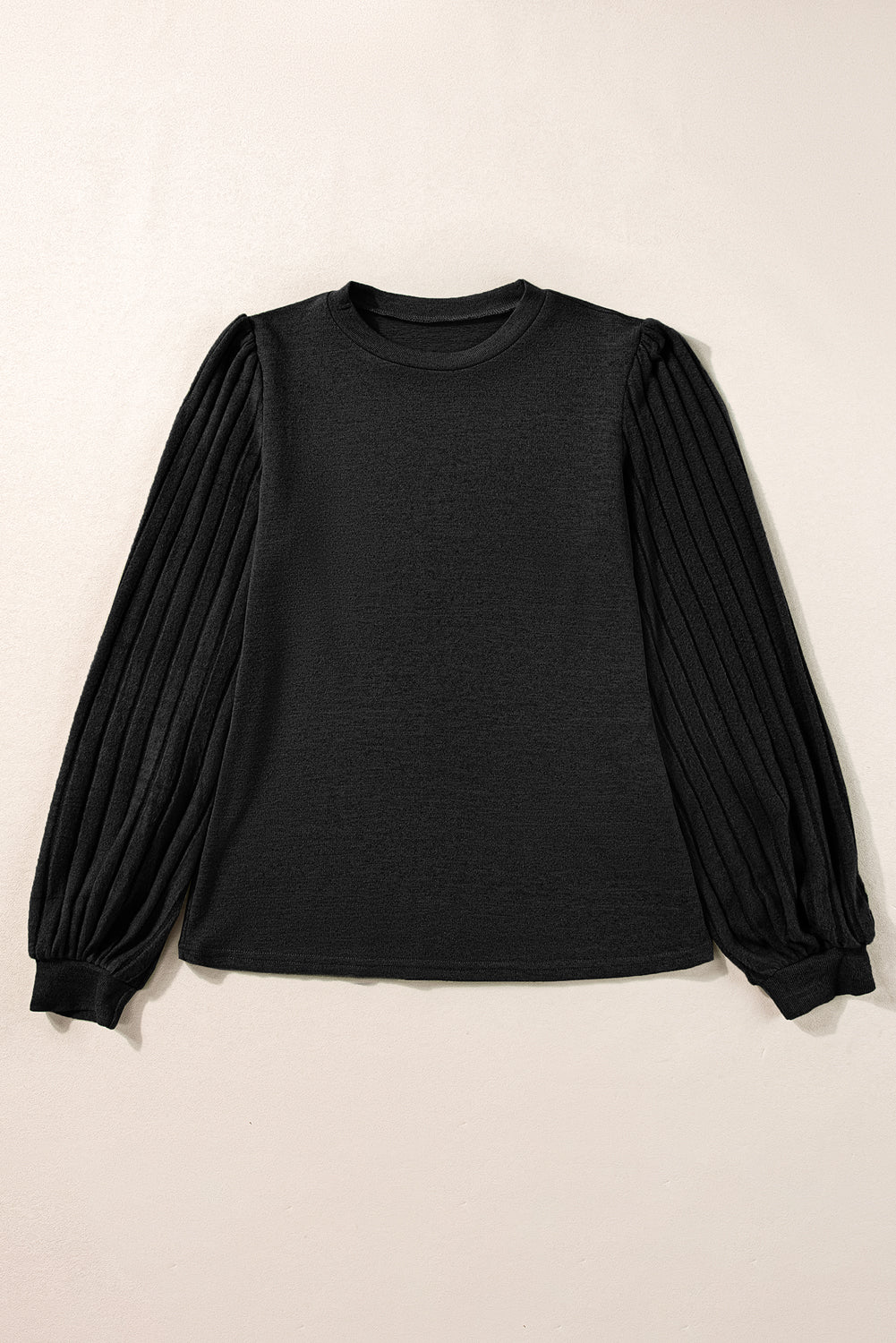 Contrast Ribbed Bishop Sleeve Top | Black