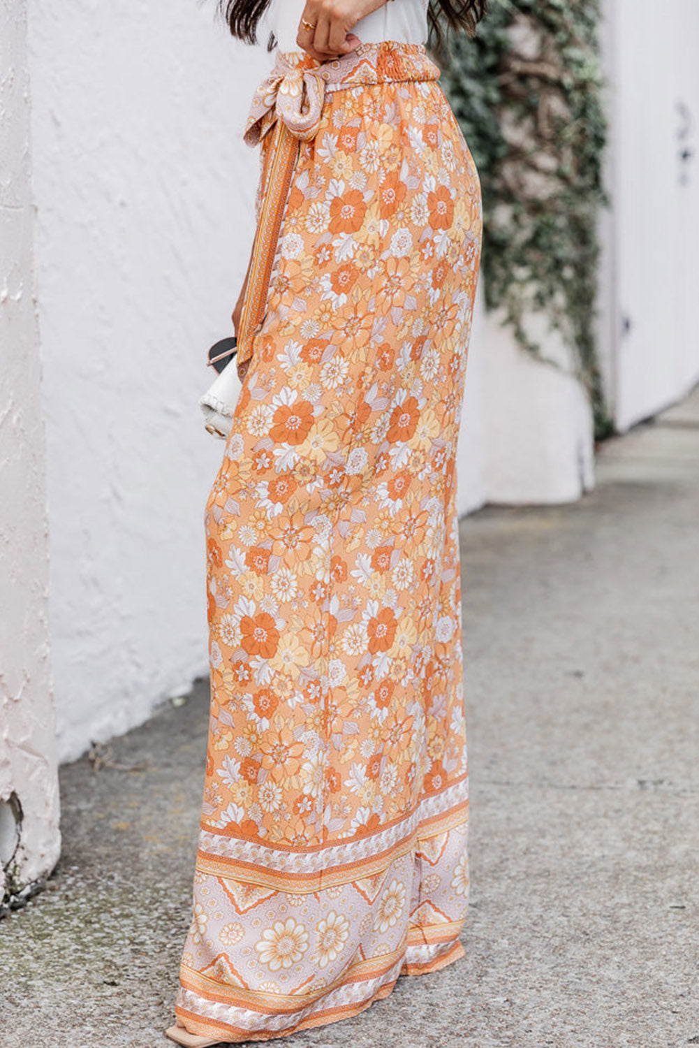 Tie Waist Boho Floral Wide Leg Pants | Grapefruit Orange