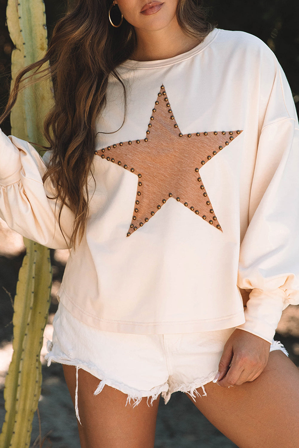 Studded Star Graphic Oversized Long Sleeve Top | Apricot