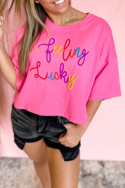 Feeling Lucky Embroidered Letter Graphic Half Sleeve Top | Bonbon