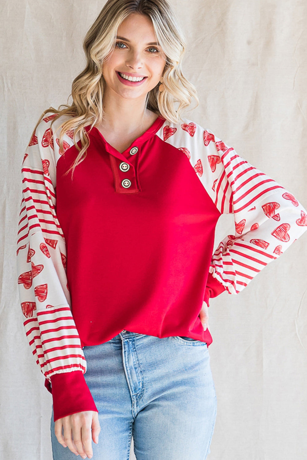 Heart Striped Raglan Sleeve Henley Top | Fiery Red