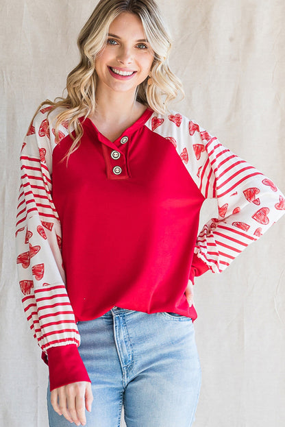 Heart Striped Raglan Sleeve Henley Top | Fiery Red