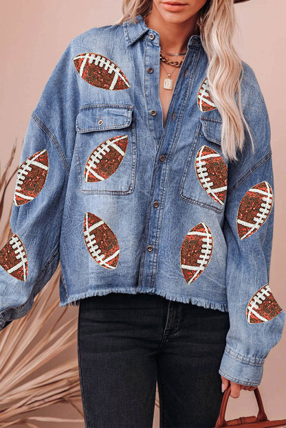 Sequin Rugby Football Graphic Flap Pockets Raw Hem Game Day Denim Jacket | Sky Blue