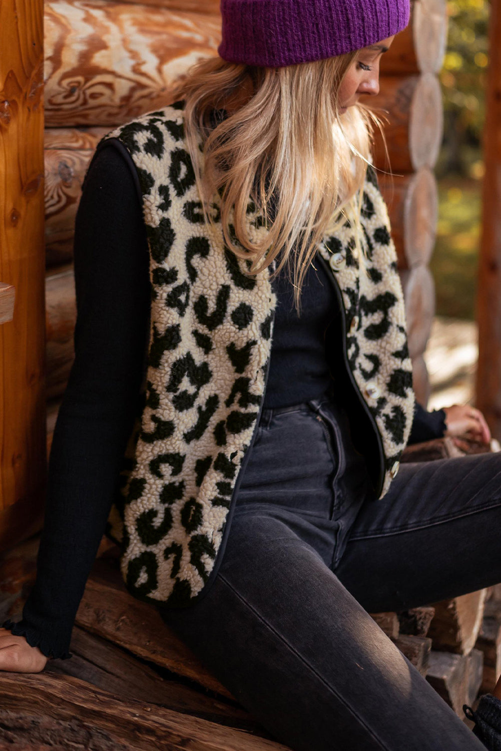 Leopard Print Sherpa Vest Coat | Black