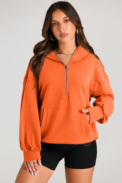 Solid Kangaroo Pocket Half Zipper Oversized Hoodie | Orange