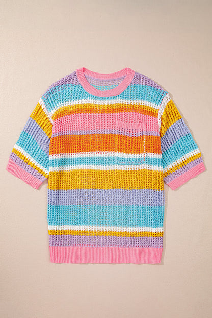 Plus Size Open Knit Patch Pocket Short Sleeve Sweater | Pink Stripe