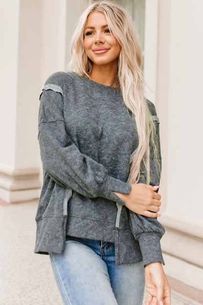 Acid Wash Relaxed Fit Seamed Pullover Sweatshirt With Slits | Gray