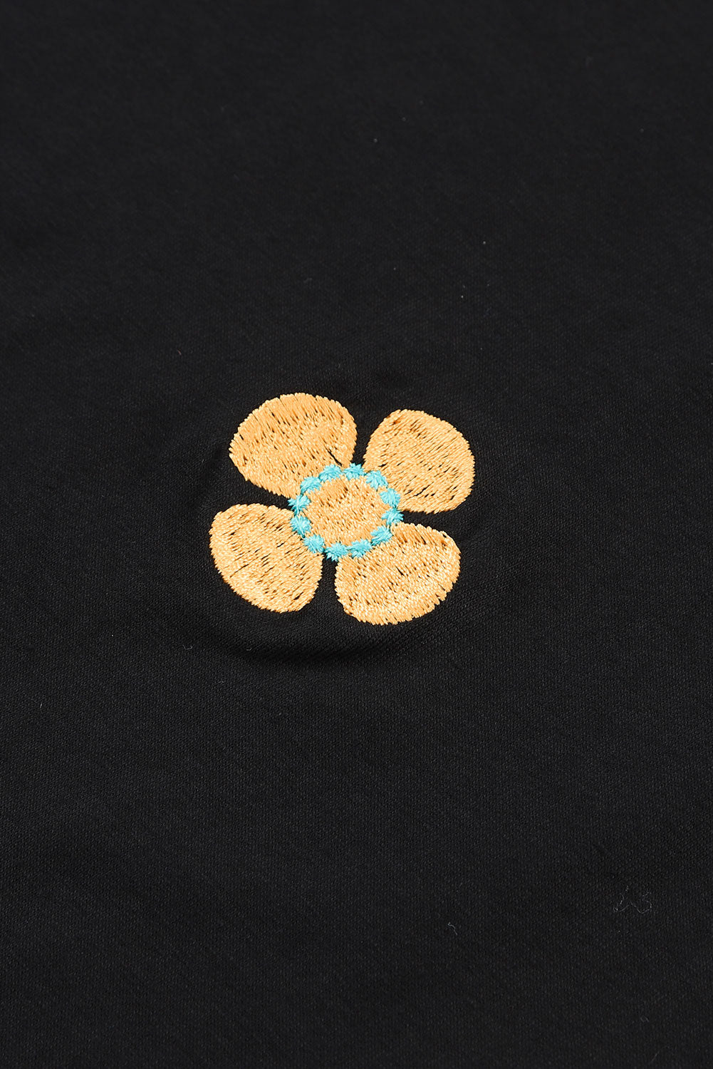 Embroidered Flower Short Puff Sleeve Tee | Black