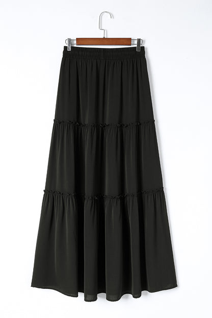 Frill Tiered Drawstring Waist Maxi Skirt | Black