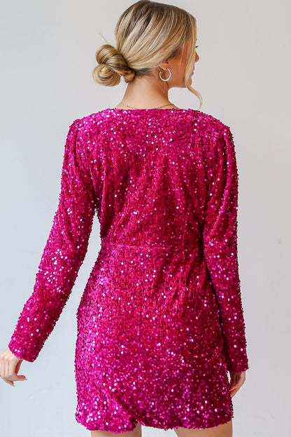 Velvet Sequin Long Sleeve V Neck Wrapped Mini Dress | Pitaya Pink