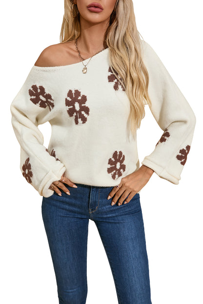 Colourblock Floral Pattern Round Neck Sweater | White