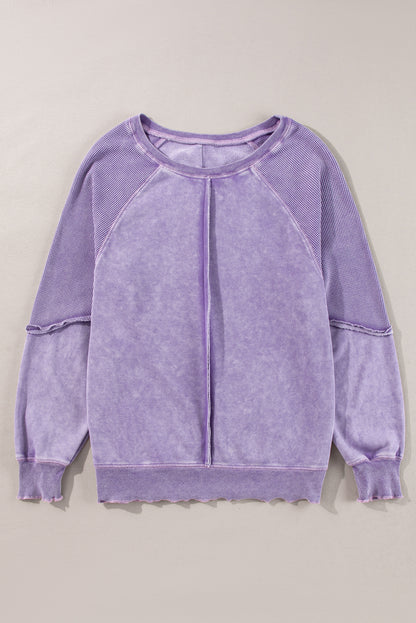 Solid Waffle Knit Patchwork Raglan Sleeve Sweatshirt | Orchid Petal