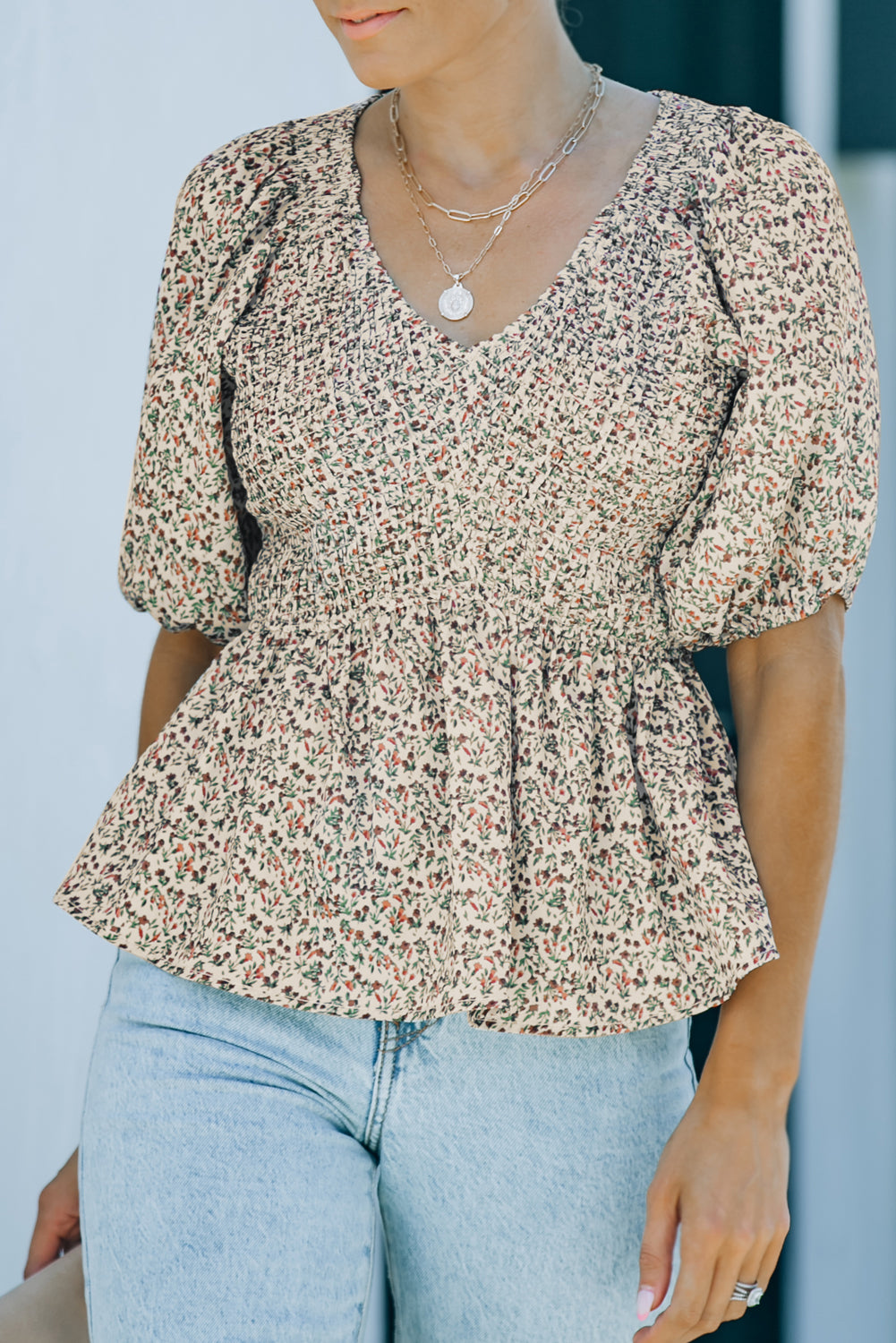 Floral Print Puff Sleeve Smocked Top | Green