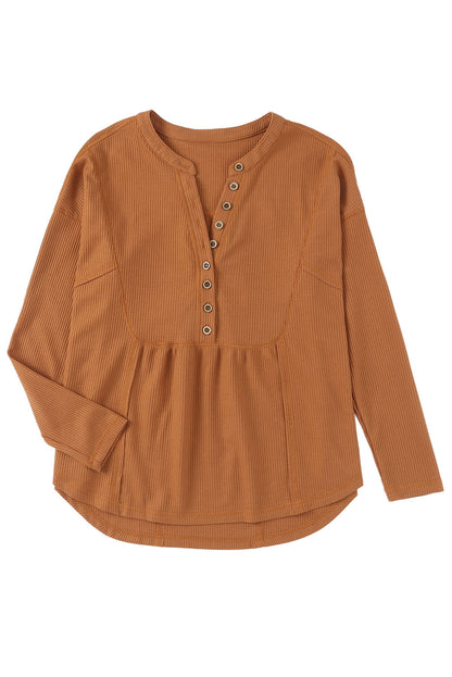 Waffle Knit Half Button Henley Top | Brown