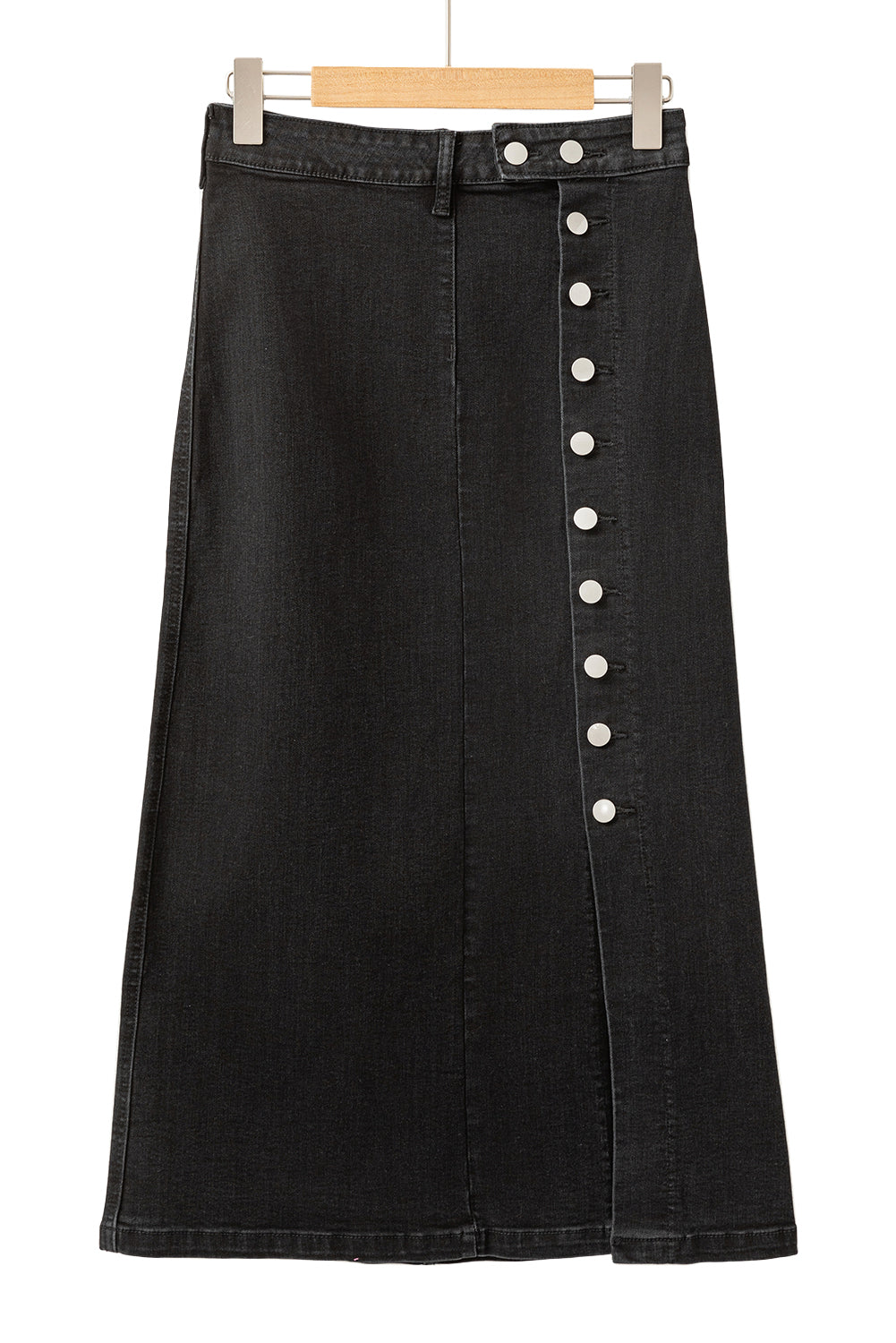 Button Fly Side Split High Waist Denim Midi Skirt | Black