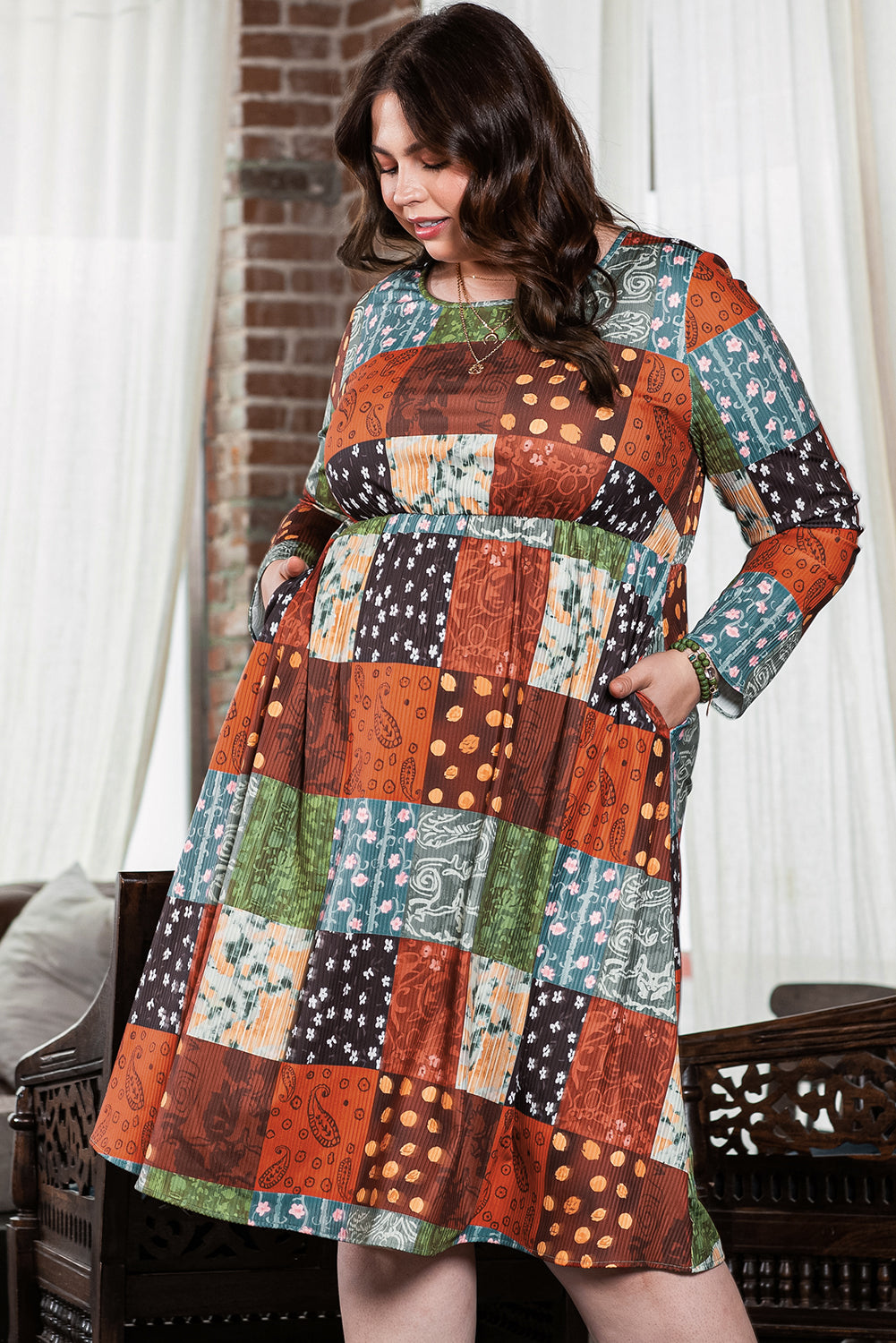 Multicolour Western Checkered Plus Size Swing Dress | Green Printed