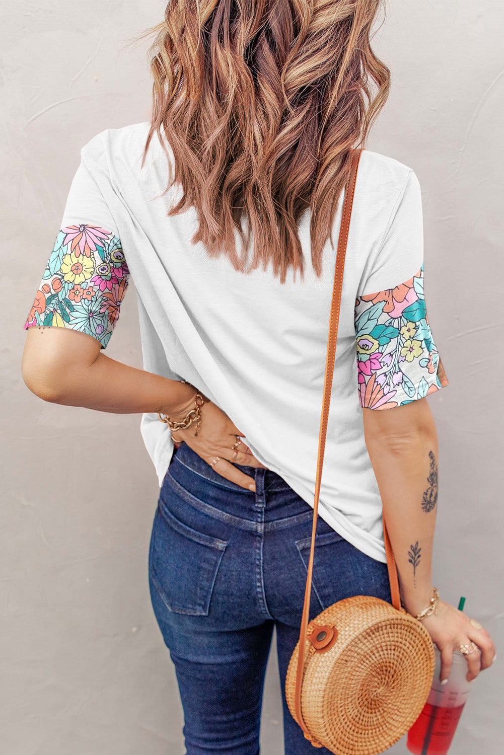 Floral Print Patchwork Short Sleeve Top | White