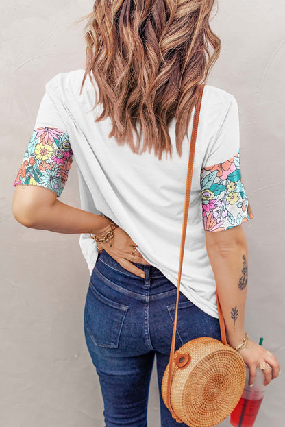 Floral Print Patchwork Short Sleeve Top | White