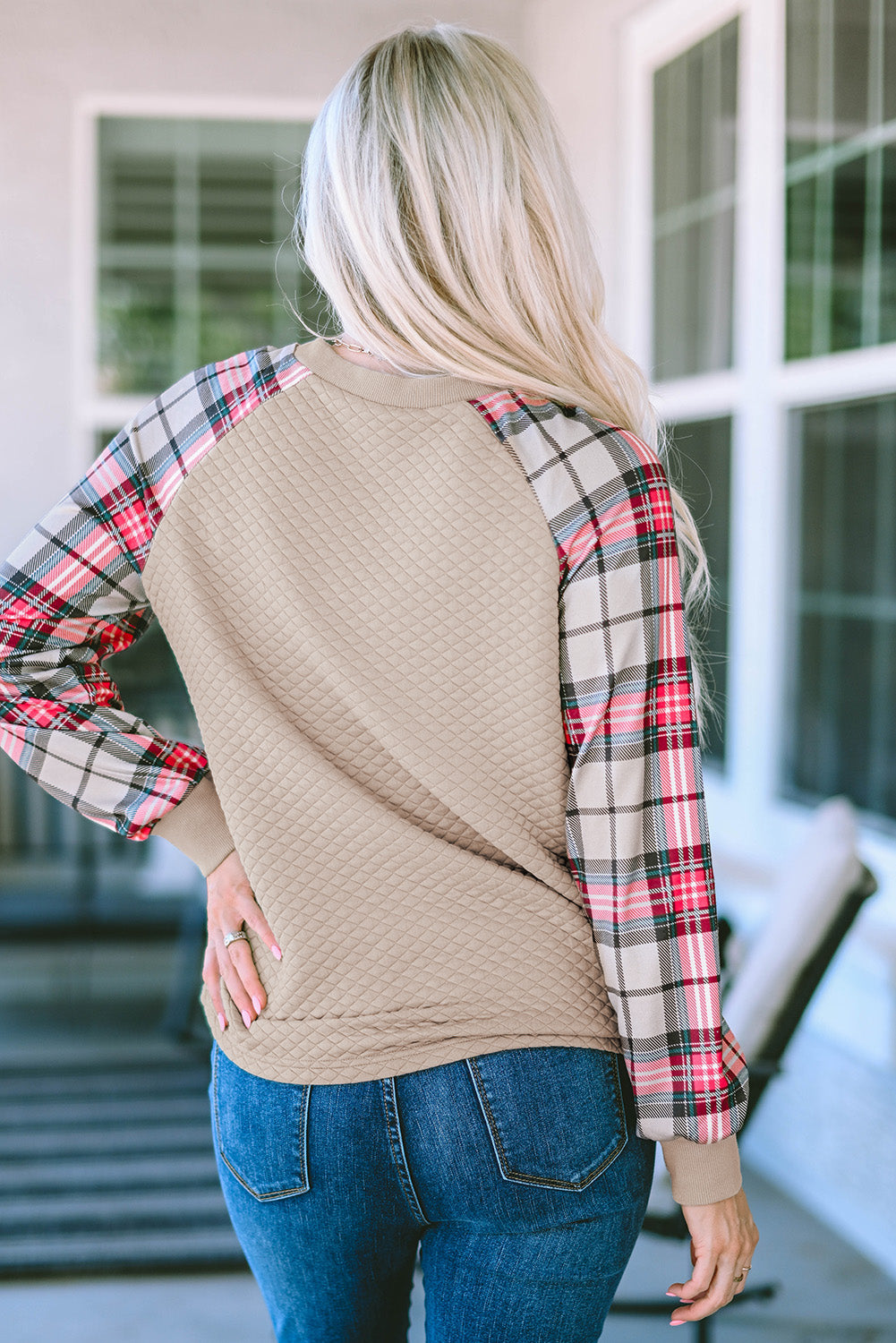 Plaid Raglan Sleeve Sweatshirt | Apricot