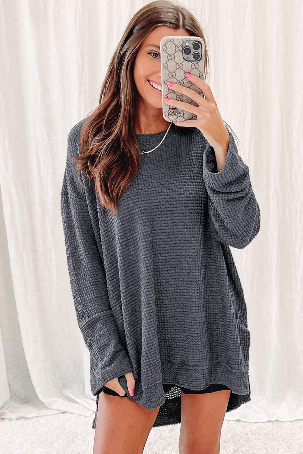 Waffle Knit High Slits Oversized Top | Gray