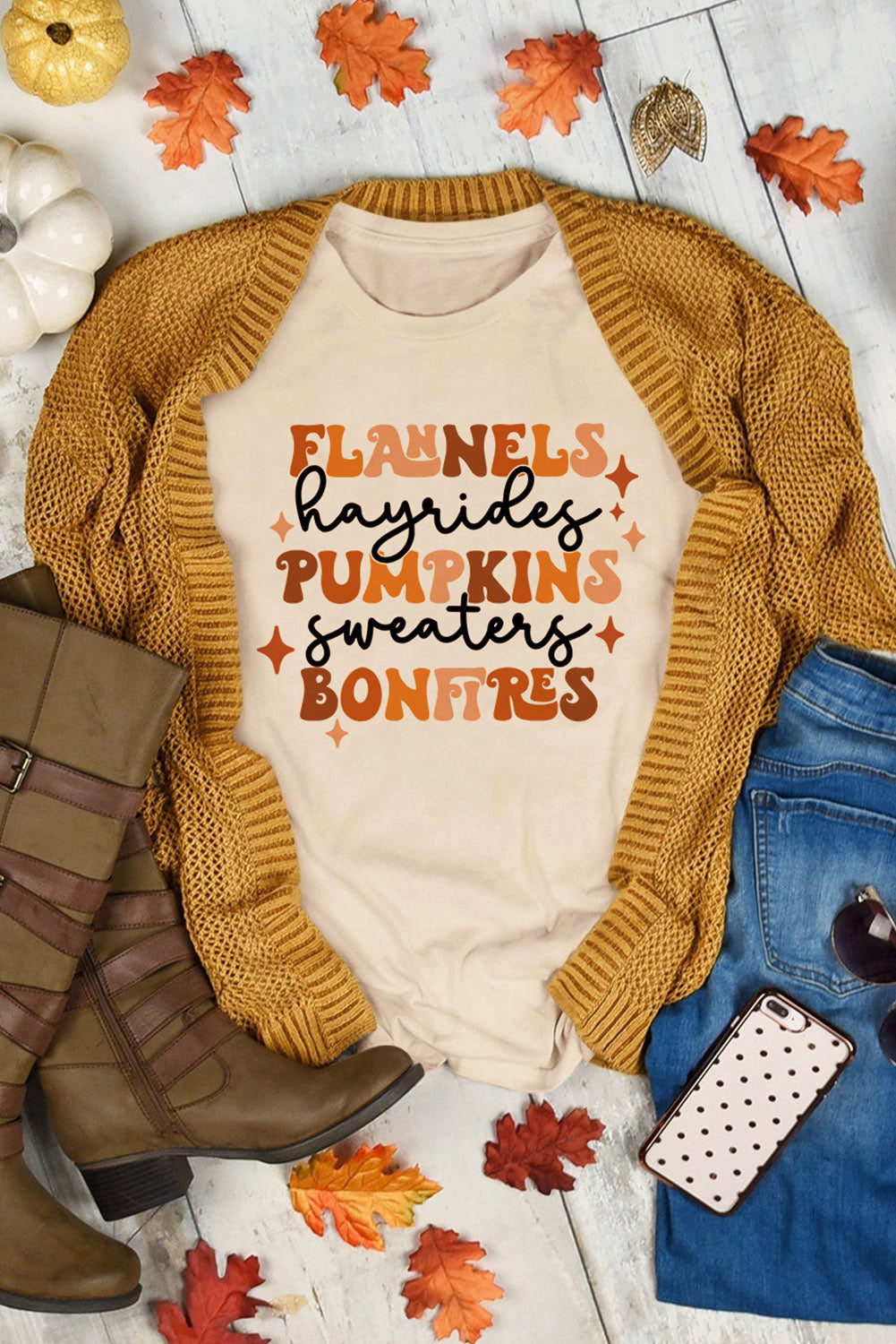 Flannels Hayrides Pumpkins Sweaters Bonfires Tee | Khaki