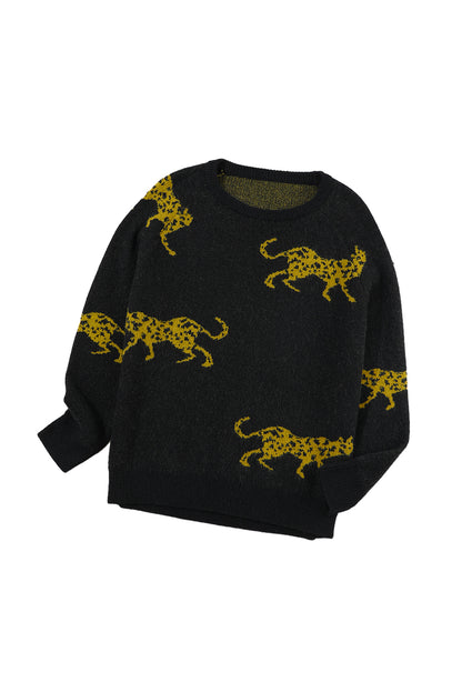 Cheetah Pattern Knit Round Neck Sweater | Black