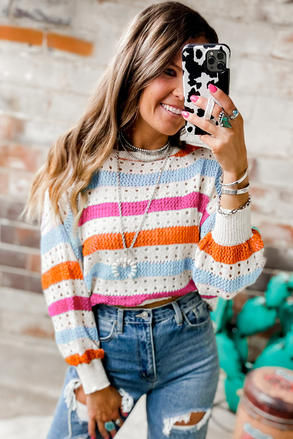 Striped Hollowed Knitted Loose Sweater | Multicolour