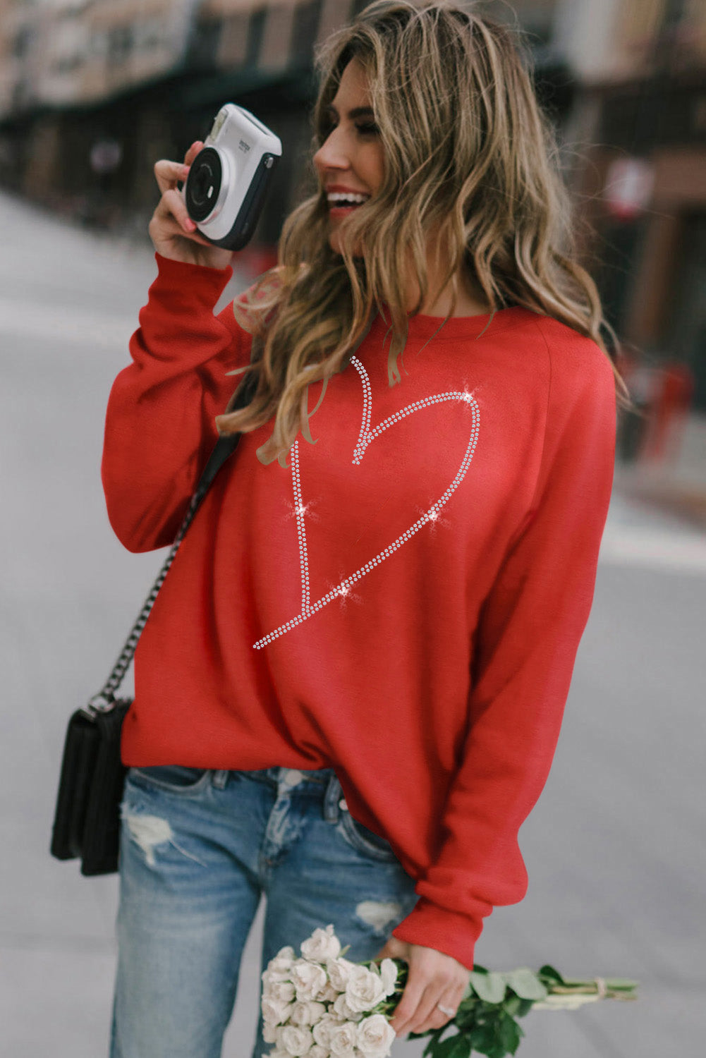 Fiery  Rhinestone Heart Shaped Long Sleeve Sweatshirt | Red