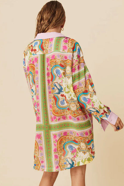 Boho Floral Print Buttoned Long Sleeve Shirt Dress | Multicolour