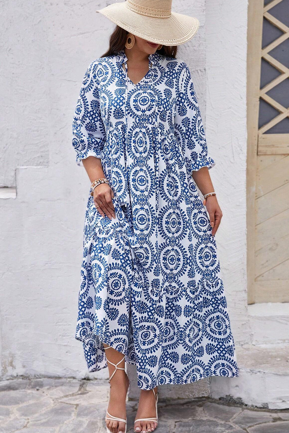 Geometric Print Lace-Up Notch Neck Plus Size Maxi Dress | Sky Blue