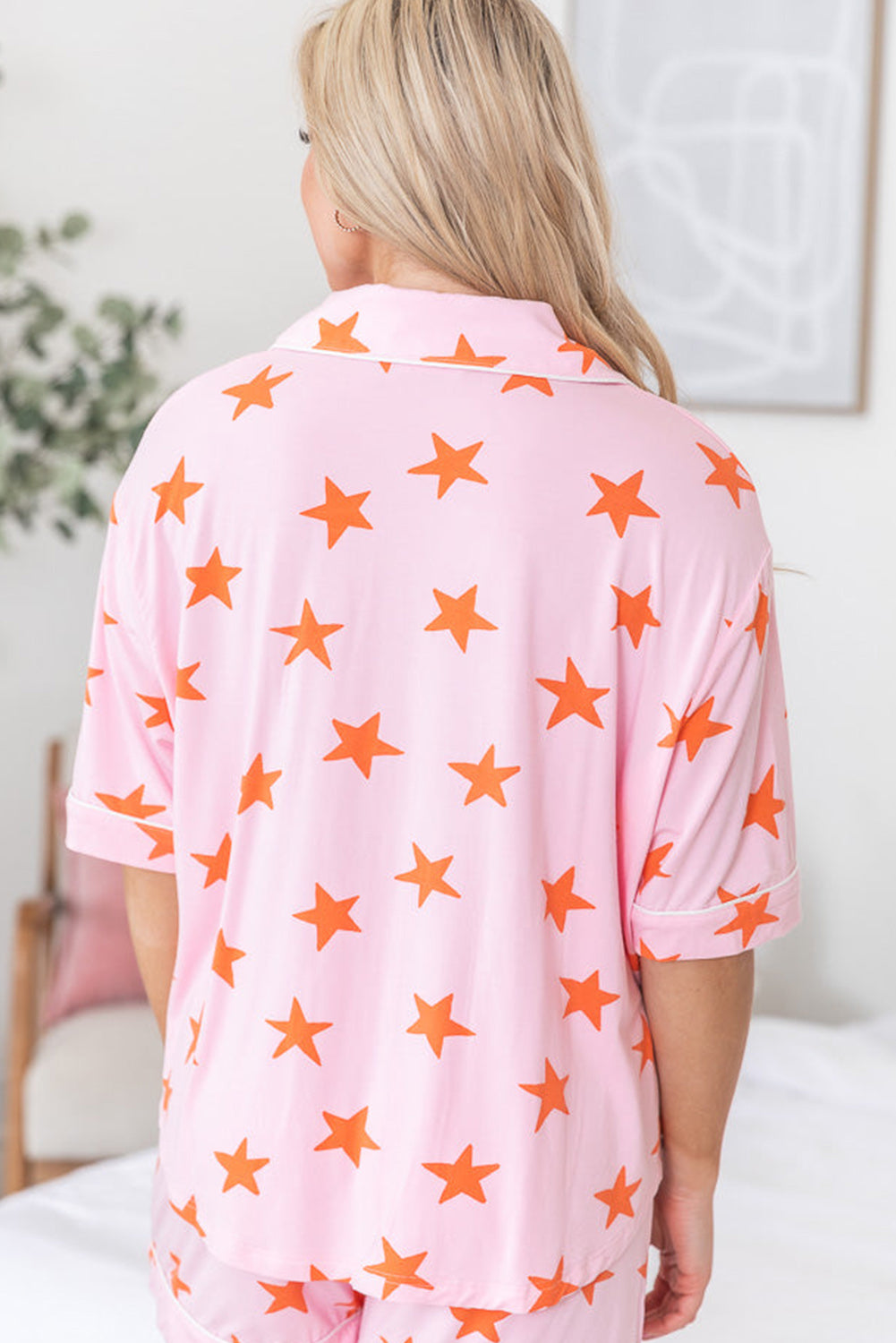 Stars Short Sleeve Shirt And Shorts Bamboo Pajama Set | Pink