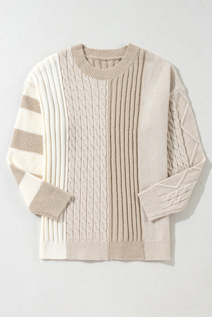 Cable Knit Colourblock Crew Neck Drop Shoulder Sweater | Khaki