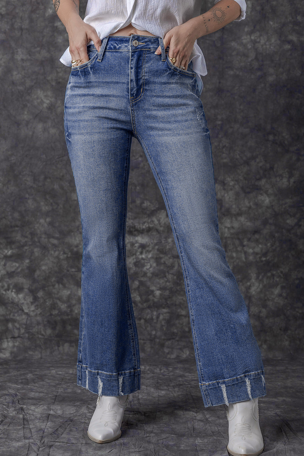 Slight Distressed Medium Wash Flare Jeans | Sky Blue