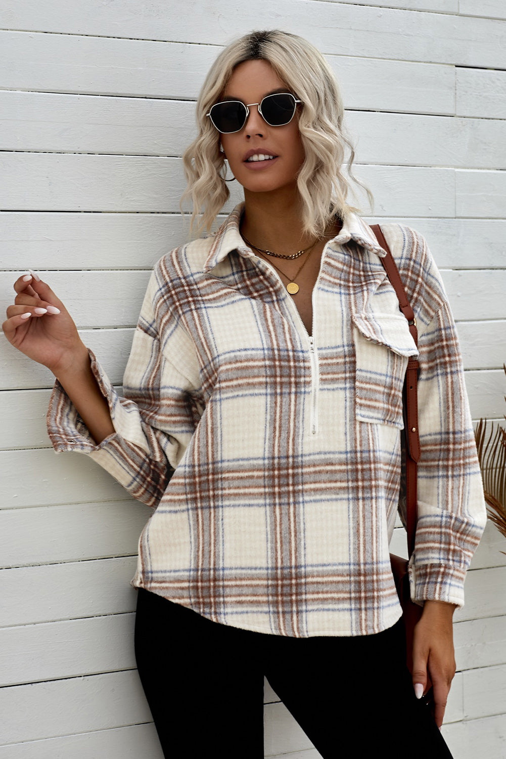 Chest Pocket Plaid Half Zip Sweatshirt | Apricot