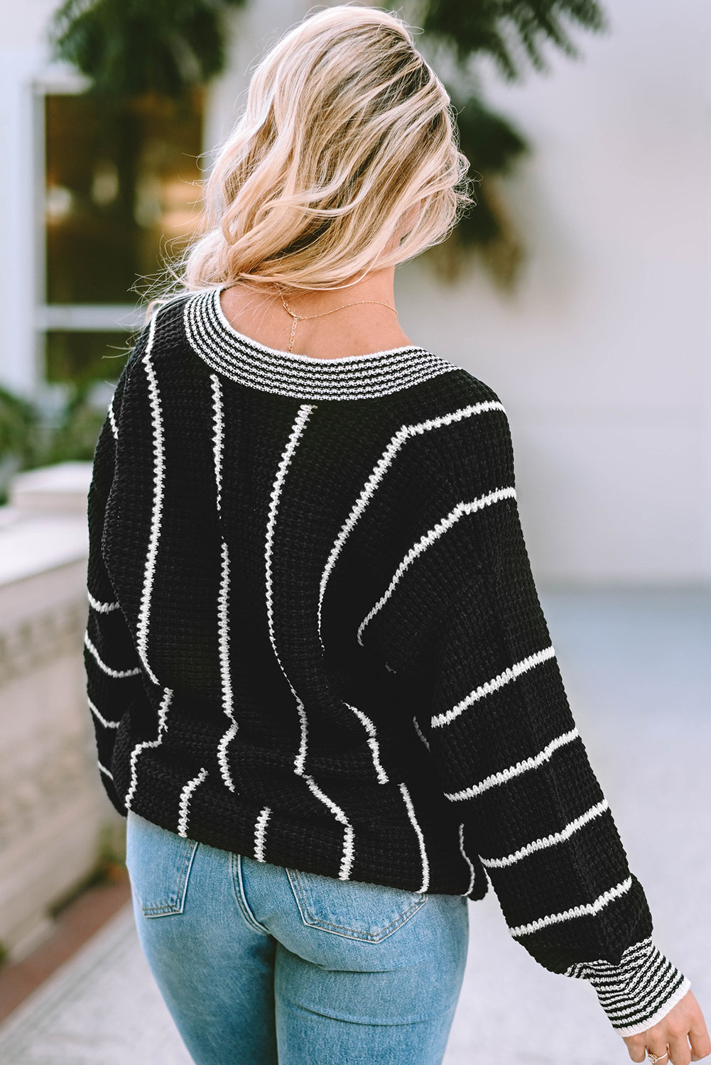 Colourblock Striped V Neck Knitted Loose Sweater | Black