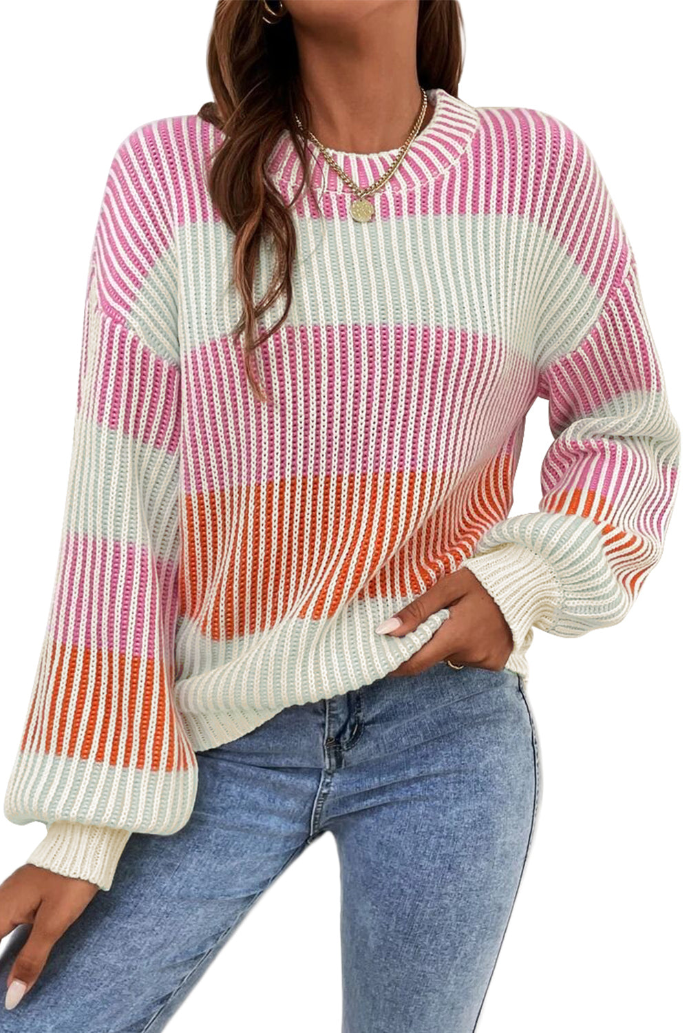 Colourblock Textured Knit Bubble Sleeve Sweater | Pink