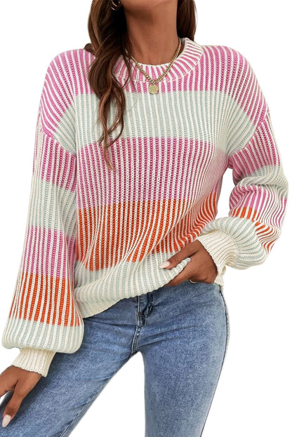 Colourblock Textured Knit Bubble Sleeve Sweater | Pink